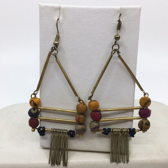 Indian Dangly Triangle Boho Earrings Made of recycled Saris! - Picture 1 of 11